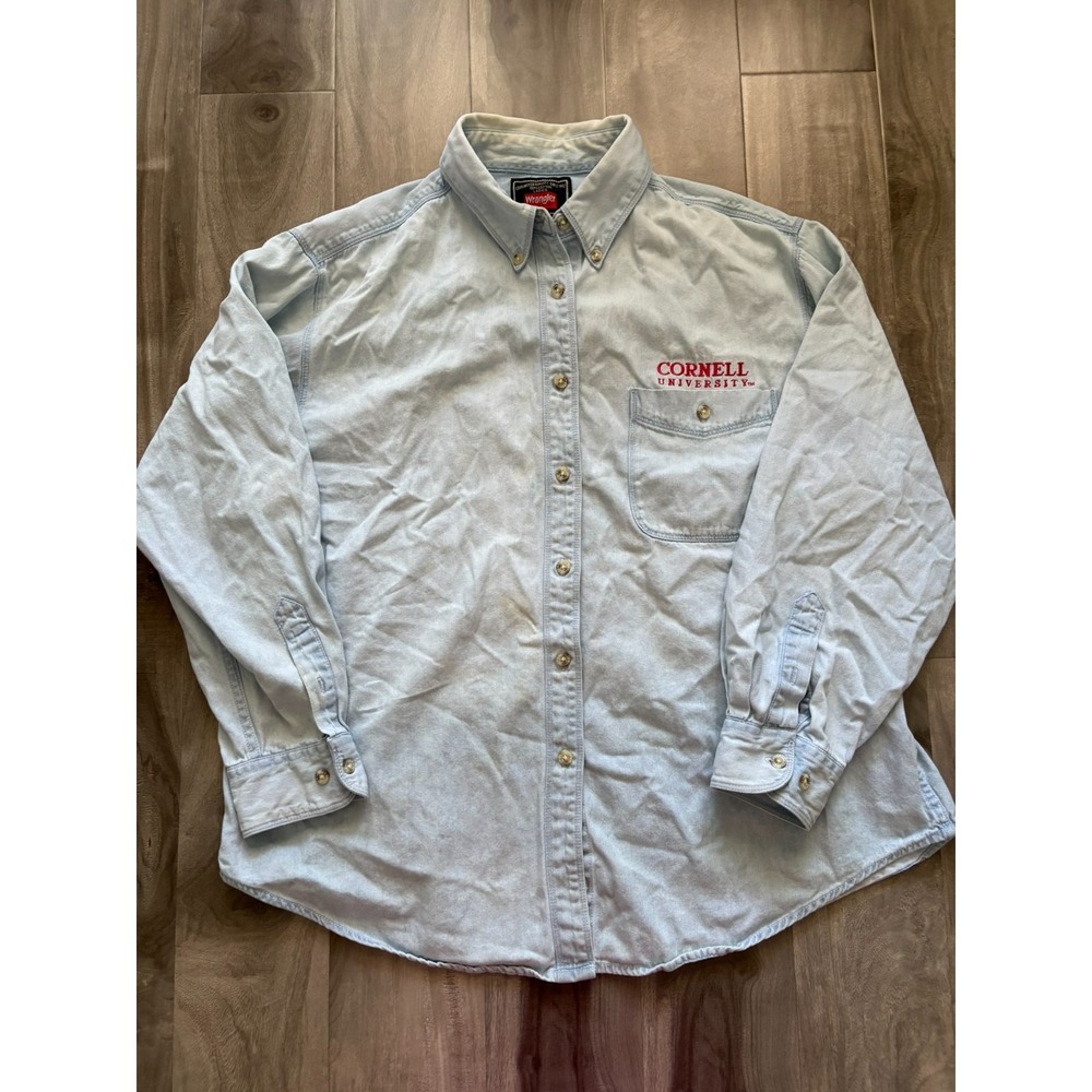 Vintage‎ Wrangler Cornell University Denim Shirt Women's L Light Wash Button Up